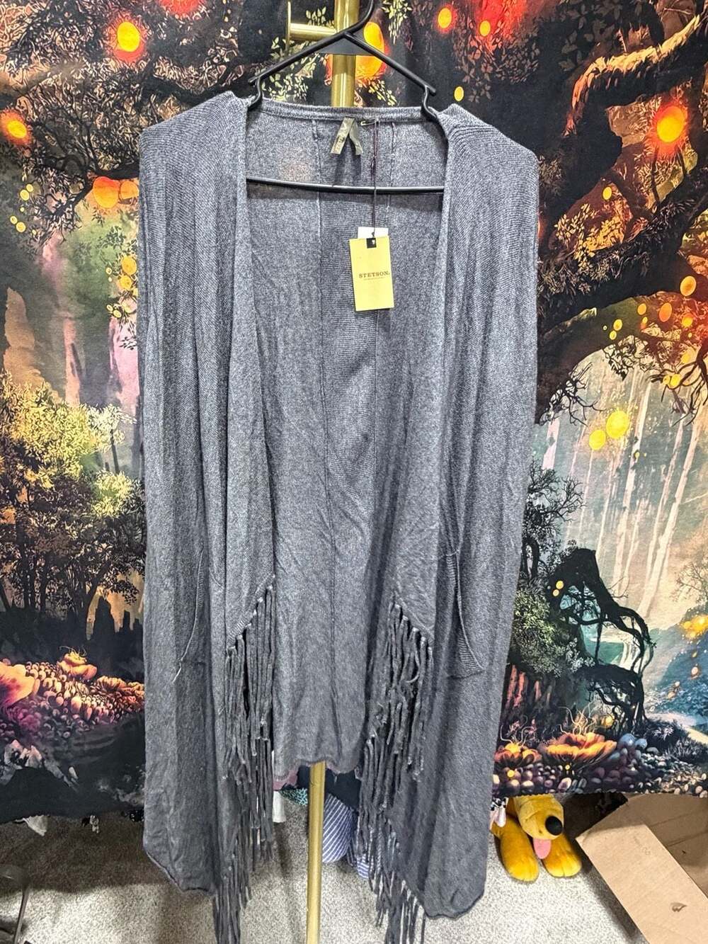NWT Stetson Open Front Fringe Cardigan Size M Gray Knit Duster Sweater